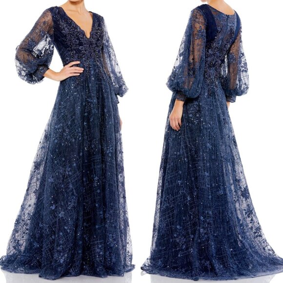 NWOT MAC DUGGAL HIGH NECK PUFF SLEEVE A LINE LONG‎ GOWN MIDNIGHT BLUE 20506 SZ 4 - Picture 1 of 13